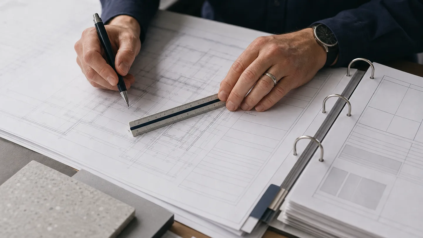 Engineer cross-checking technical contract documents against architectural drawings and specifications