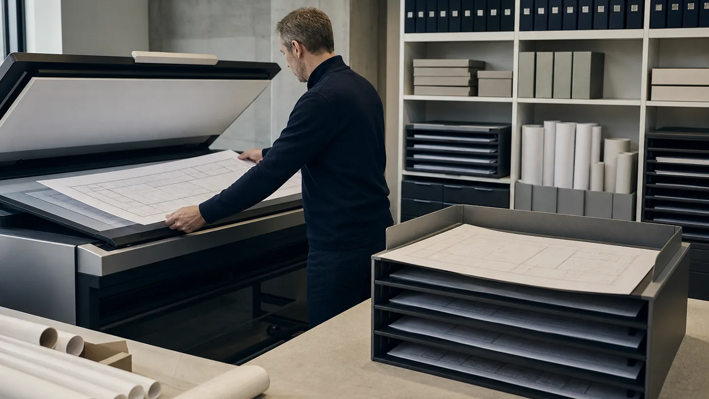 Document controller organizing and digitizing large-format construction drawings and revision records
