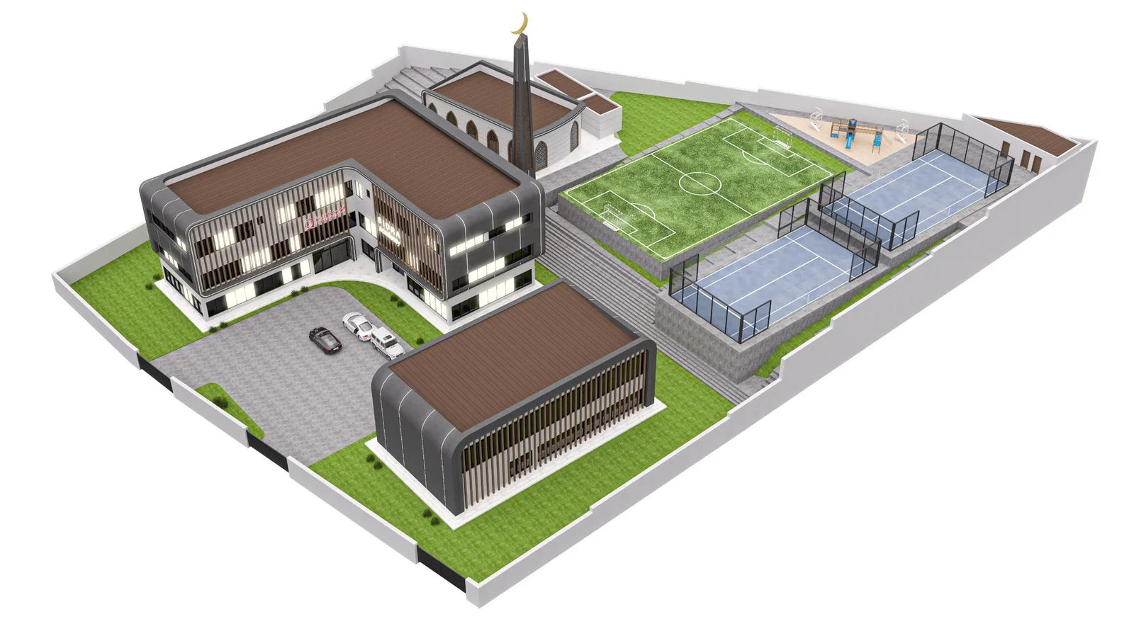 Architectural site rendering illustrating coordinated building and landscape design