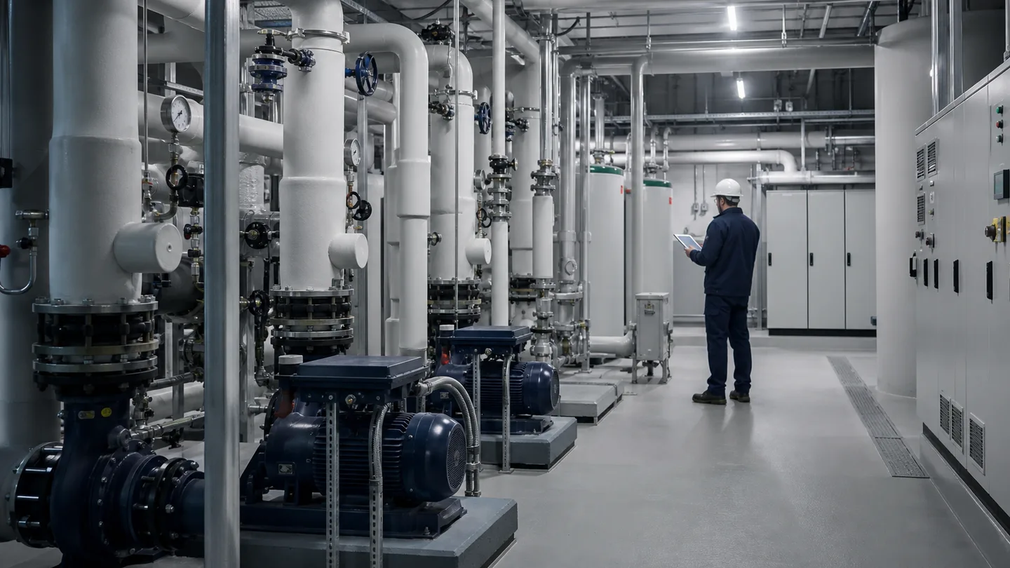 Facilities engineer inspecting pumps, pipework, and control systems in a building plant room