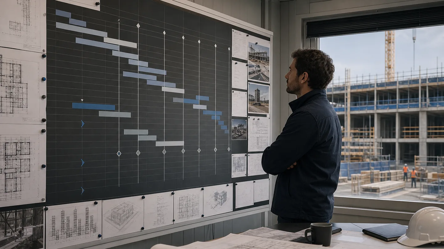 Project planner reviewing a structured construction sequence board overlooking an active site