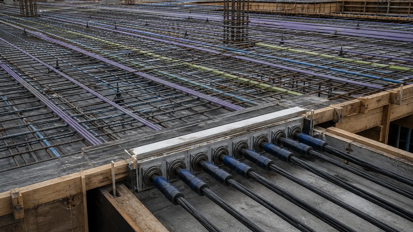 Post-tension tendons and anchors arranged across reinforced concrete slab formwork