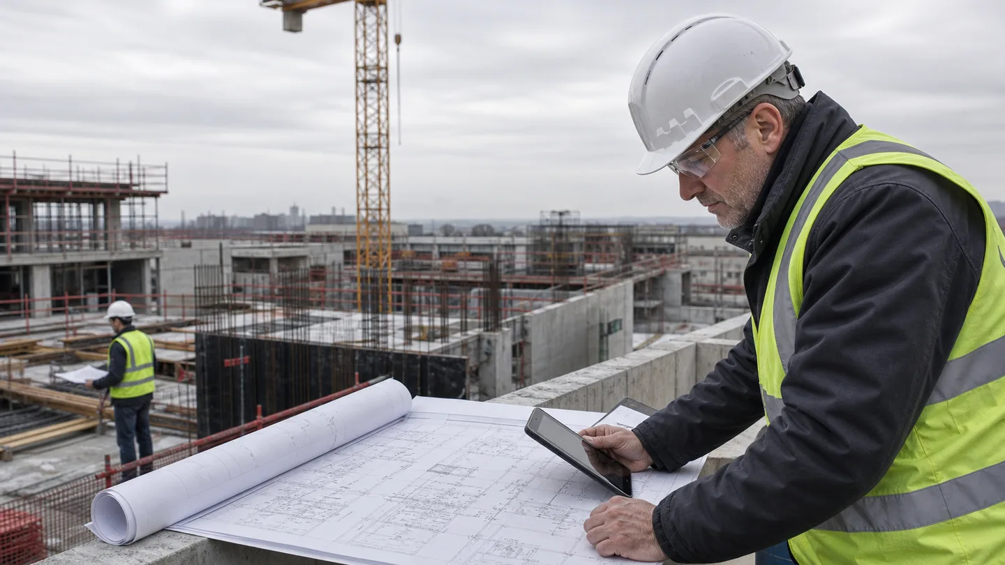 Project manager reviewing construction progress and technical information from an active building site