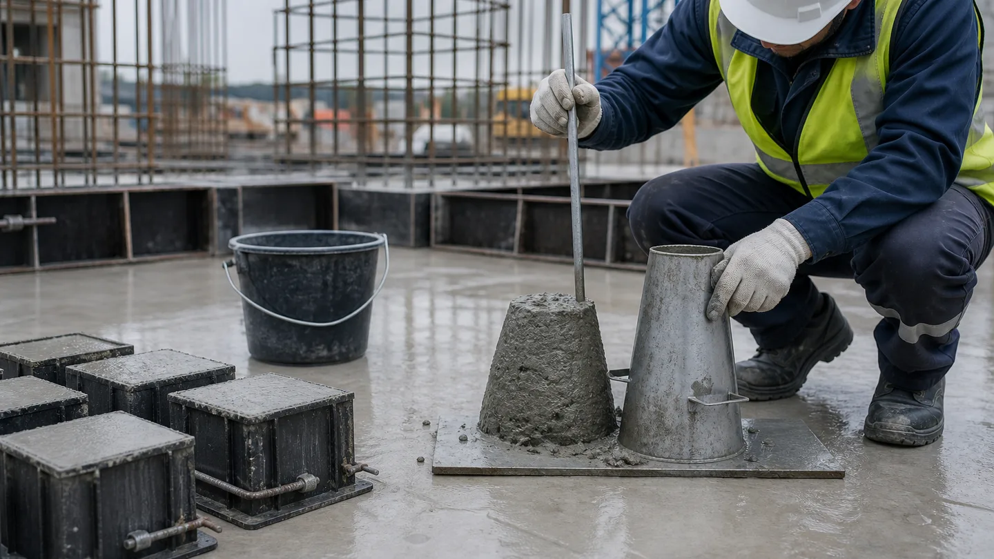 Construction quality inspector measuring a concrete slump beside prepared cube samples