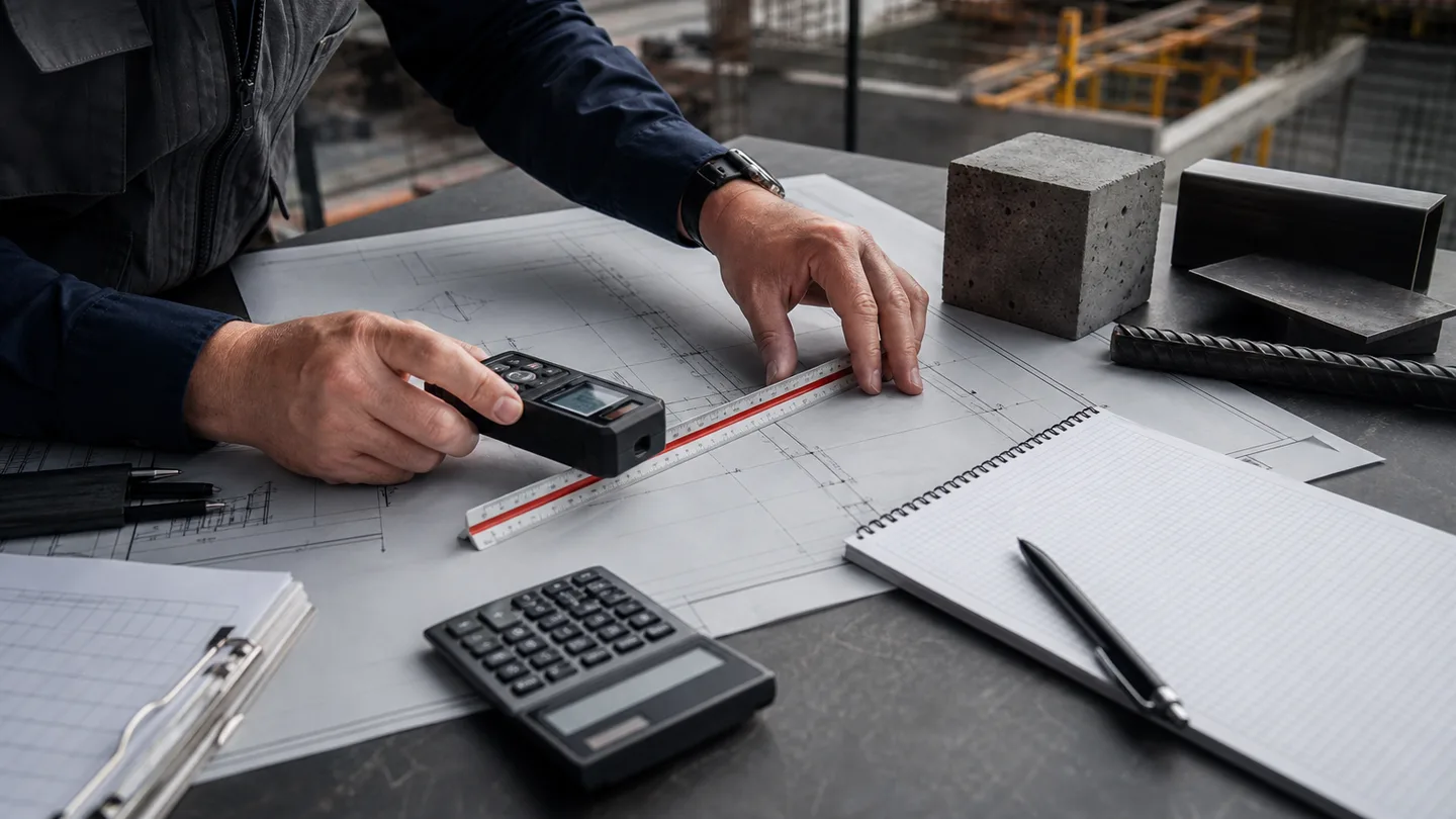 Quantity surveyor measuring technical drawings alongside structured cost documents