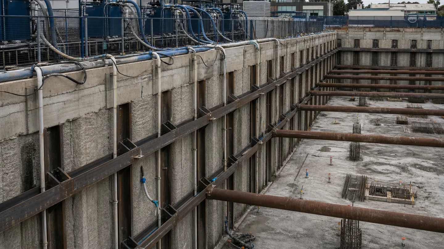 Supported deep excavation with shoring braces and dewatering equipment