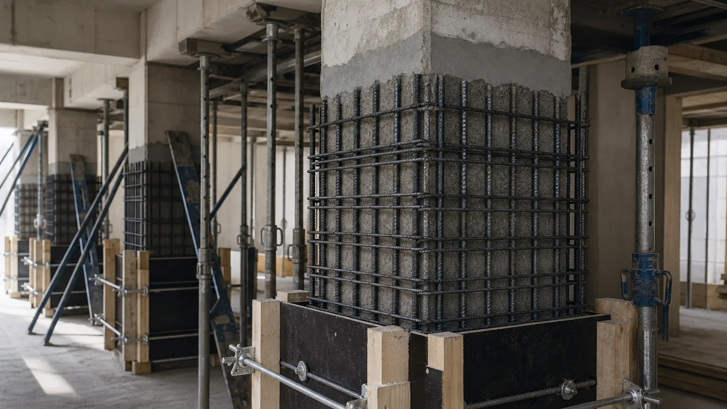 Concrete column prepared for structural strengthening with new reinforcement and temporary supports