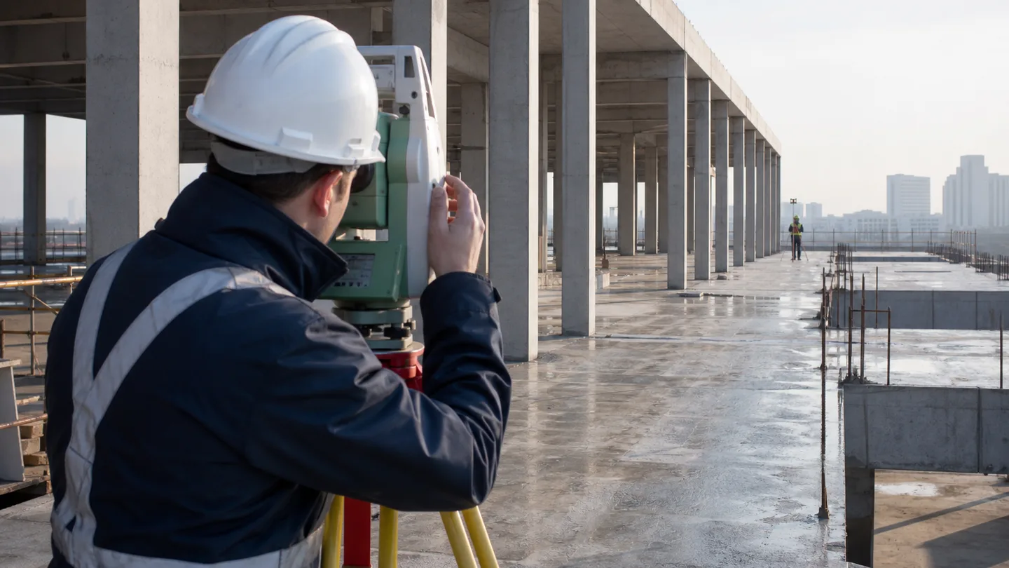 Surveyor using a total station to measure structural grid points on a construction site