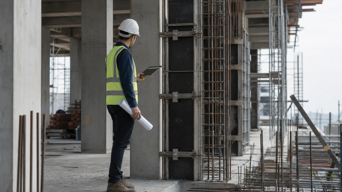 Site engineer inspecting concrete formwork and reinforcement during construction