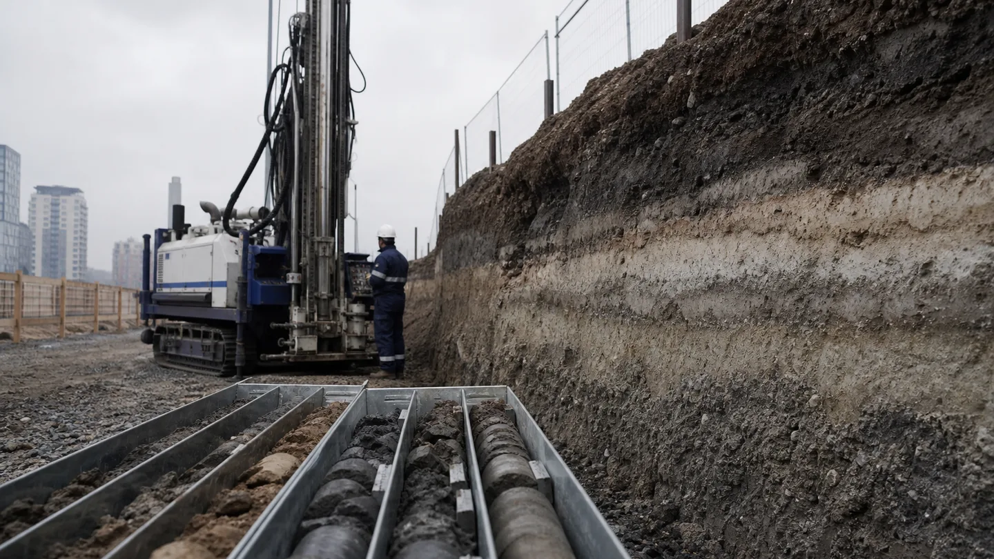 Geotechnical drilling rig beside organized soil core samples and exposed soil layers
